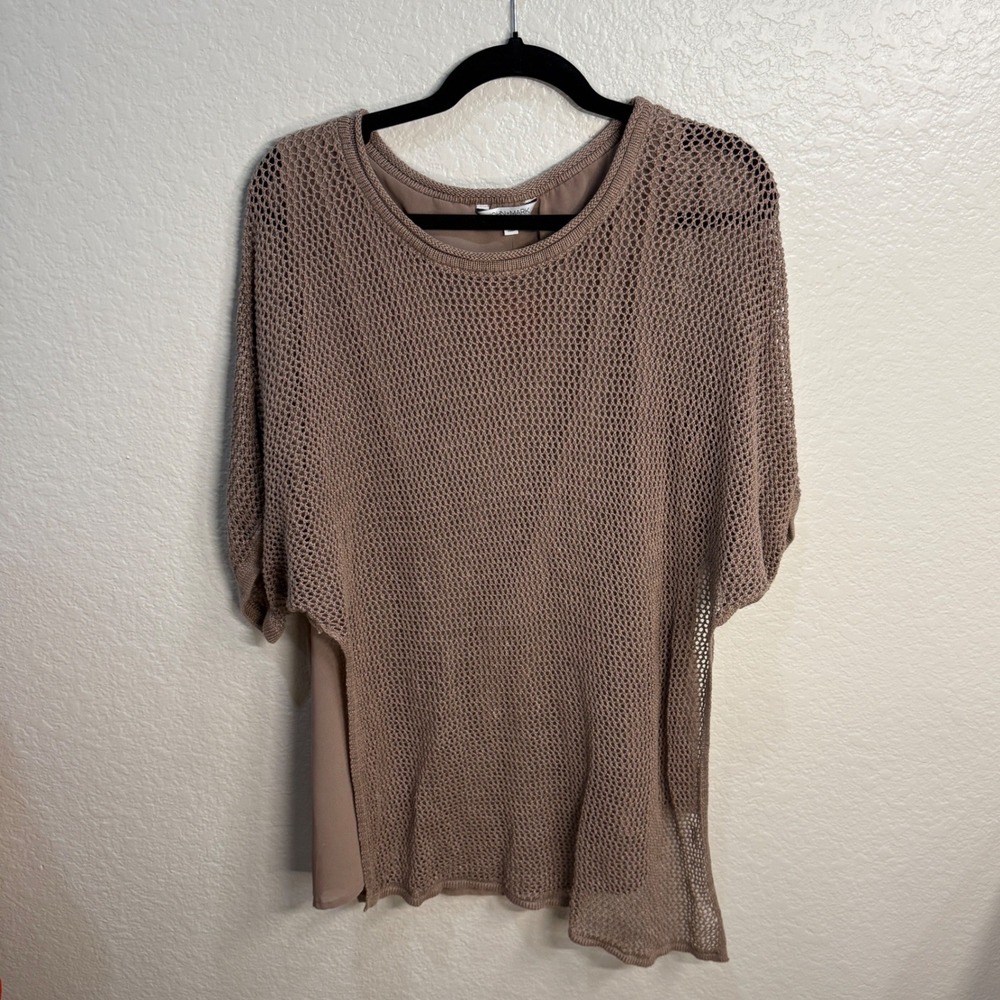 John Mark Mixed‎ Media Crochet Knit Layered Top Taupe Brown Large Lagenlook Boho